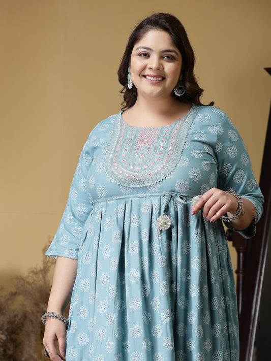 Plus Size Women's Printed & Embroidered Rayon Flared Kurta (AQUAZUBBYPLUS)