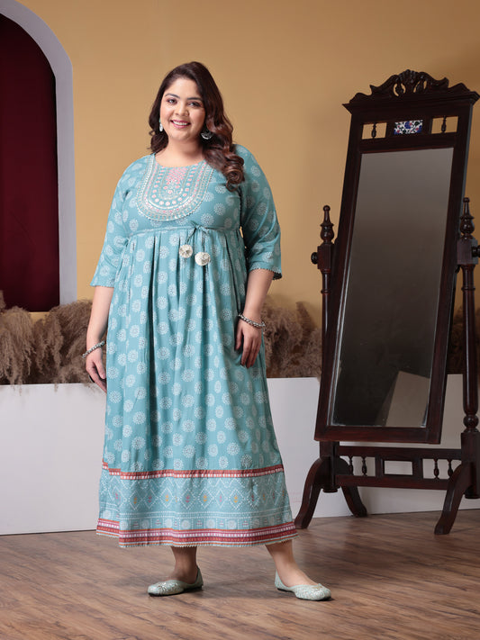Plus Size Women's Printed & Embroidered Rayon Flared Kurta (AQUAZUBBYPLUS)