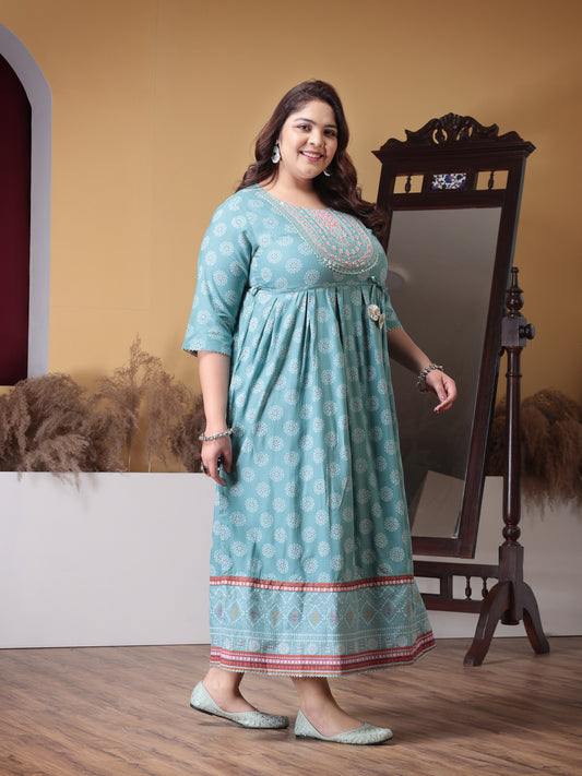Plus Size Women's Printed & Embroidered Rayon Flared Kurta (AQUAZUBBYPLUS)