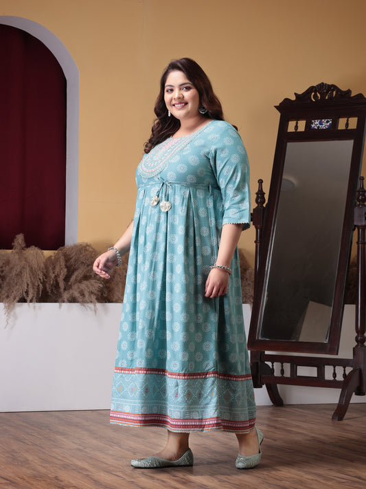 Plus Size Women's Printed & Embroidered Rayon Flared Kurta (AQUAZUBBYPLUS)
