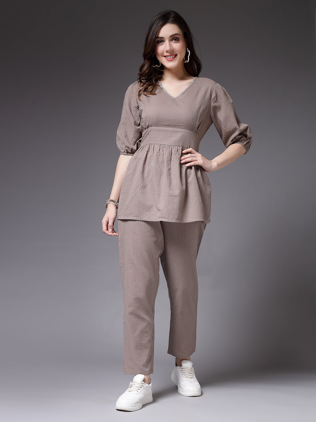 Stylum Women's Self Woven Kantha Cotton Co-Ord Set (BEIGEKATHACORD)