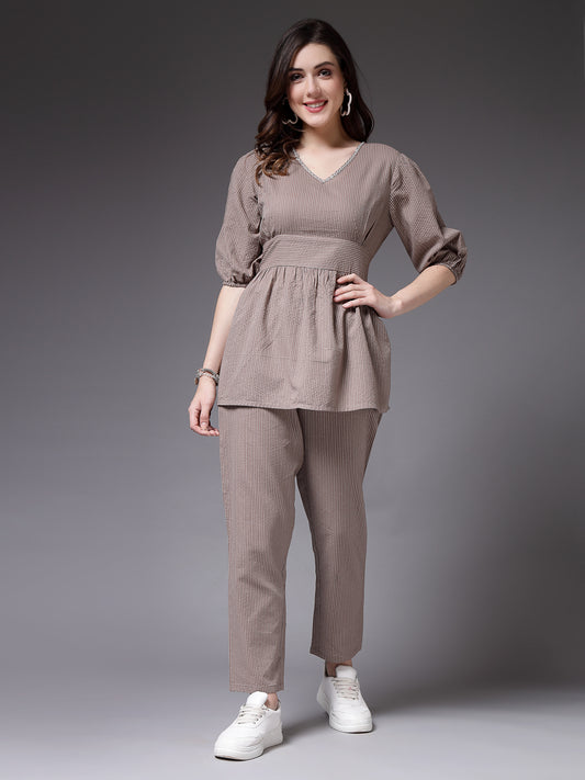 Stylum Women's Self Woven Kantha Cotton Co-Ord Set (BEIGEKATHACORD)