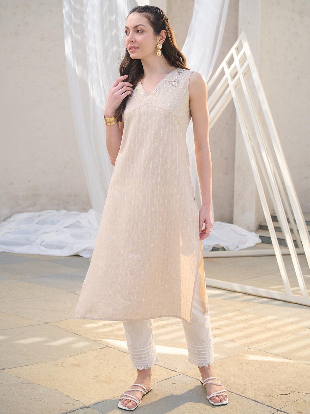 Stylum Women's Beige Solid & Embroidered Cotton Blend Straight Kurta (BEIGENIMO)