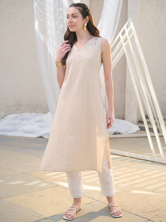 Stylum Women's Beige Solid & Embroidered Cotton Blend Straight Kurta (BEIGENIMO)