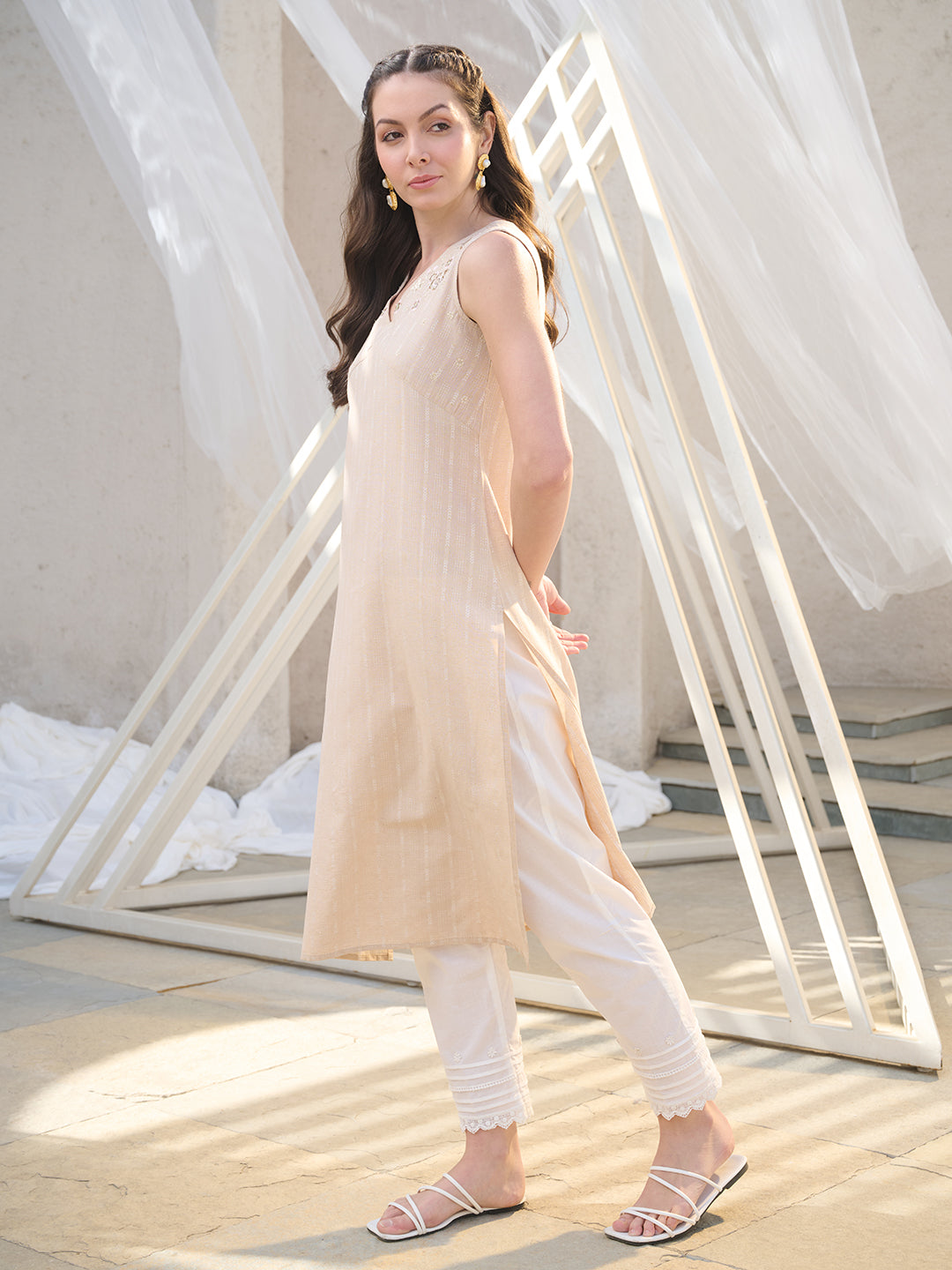 Stylum Women's Beige Solid & Embroidered Cotton Blend Straight Kurta (BEIGENIMO)