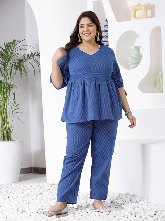 Plus Size Women's Self Woven Kantha Cotton Cord Set (BLUEKATHACORDPLUS)