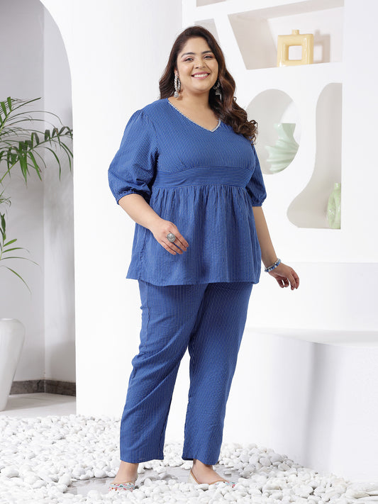 Plus Size Women's Self Woven Kantha Cotton Cord Set (BLUEKATHACORDPLUS)