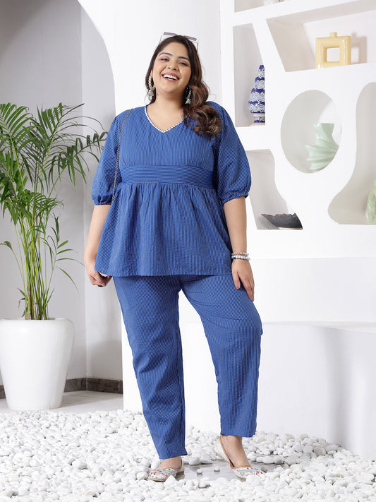Plus Size Women's Self Woven Kantha Cotton Cord Set (BLUEKATHACORDPLUS)