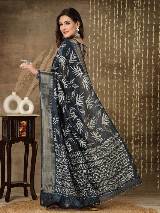 Stylum Women's Paisley Print Cotton Blend Saree (Bluepetal)