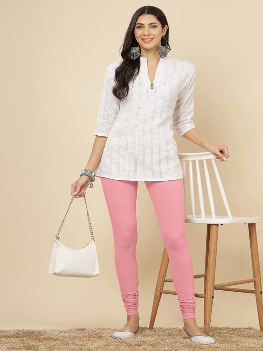Stylum Women's Solid Mid Rise Cotton Lycra Churidar Leggings (CHURIDAR_BABYPINK)
