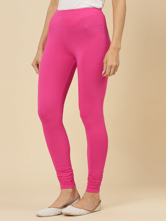 Stylum Women's Solid Mid Rise Cotton Lycra Churidar Leggings (CHURIDAR_PINK)
