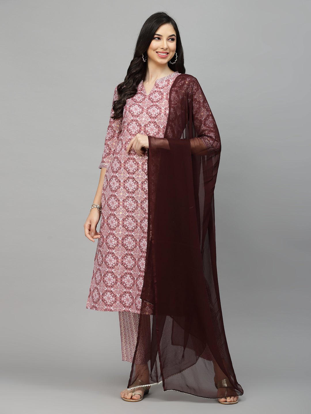 Stylum Women's Printed Cotton Blend Kurta Pant Dupatta Set (COLINMAUVE)