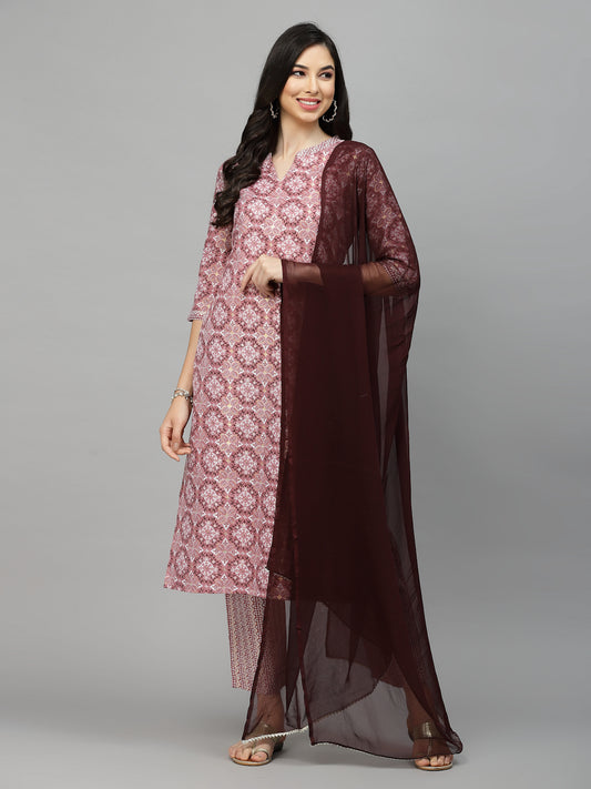 Stylum Women's Printed Cotton Blend Kurta Pant Dupatta Set (COLINMAUVE)