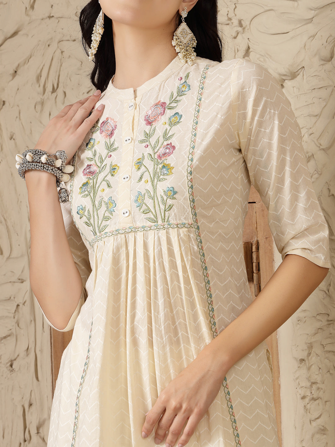 Stylum Women's Cream Self Designed & Embroidered Cotton A-Line Kurta (CREAMDOVE)