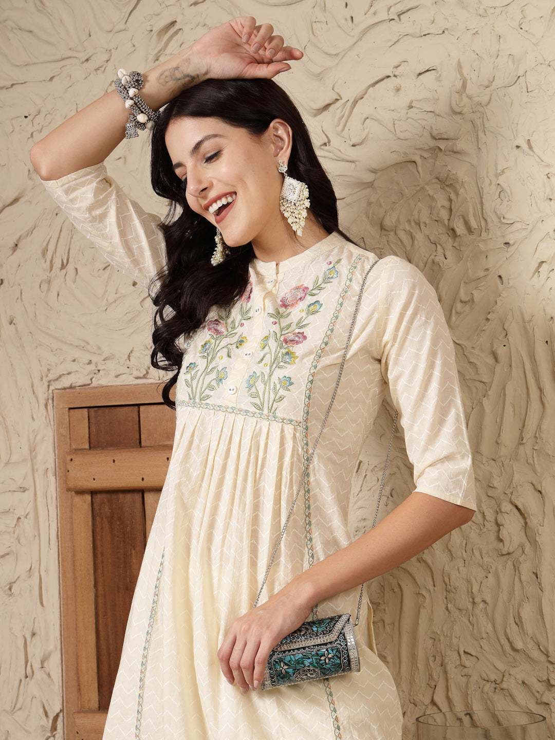 Stylum Women's Cream Self Designed & Embroidered Cotton A-Line Kurta (CREAMDOVE)
