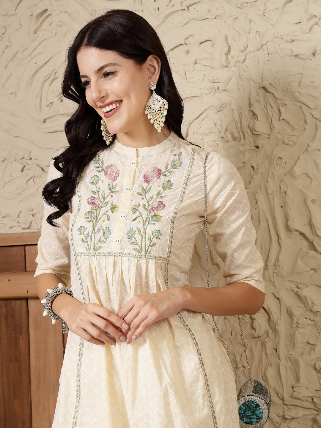 Stylum Women's Cream Self Designed & Embroidered Cotton A-Line Kurta (CREAMDOVE)
