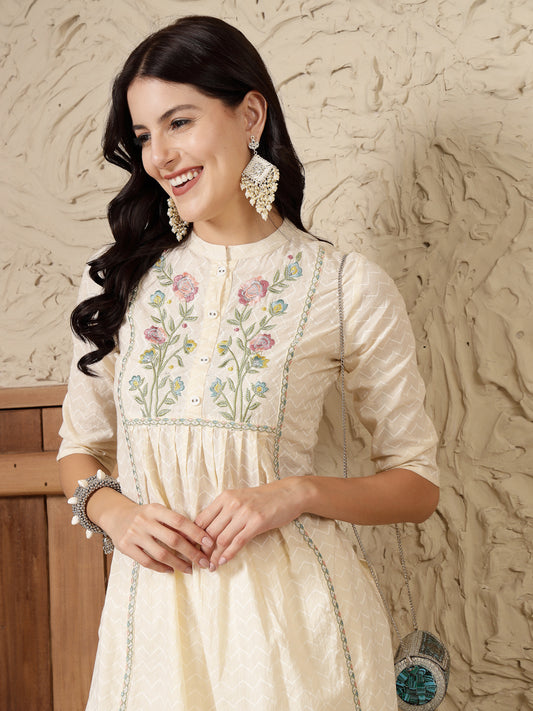 Stylum Women's Cream Self Designed & Embroidered Cotton A-Line Kurta (CREAMDOVE)