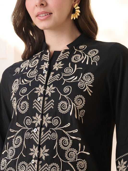 Stylum Women's Black Solid & Embroidered Rayon Co-Ord Set (CSBLACKSOUL)