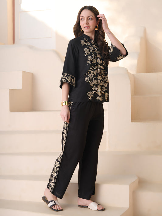 Stylum Women's Black Solid & Embroidered Rayon Co-Ord Set (CSBLACKSOUL)