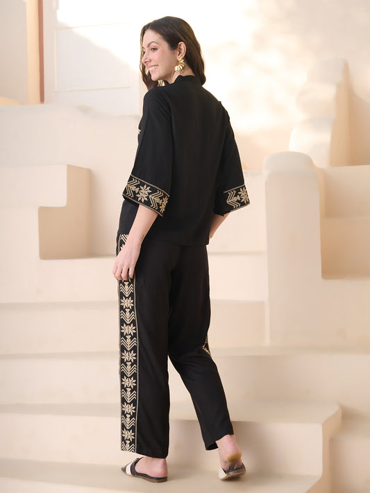 Stylum Women's Black Solid & Embroidered Rayon Co-Ord Set (CSBLACKSOUL)