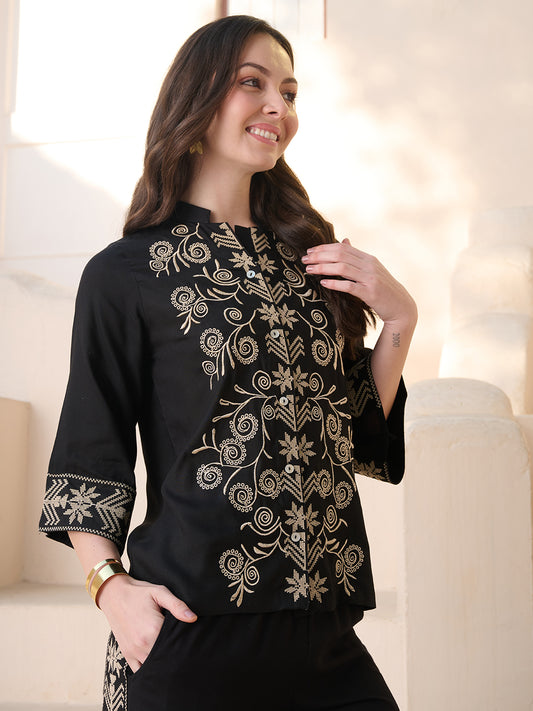 Stylum Women's Black Solid & Embroidered Rayon Co-Ord Set (CSBLACKSOUL)