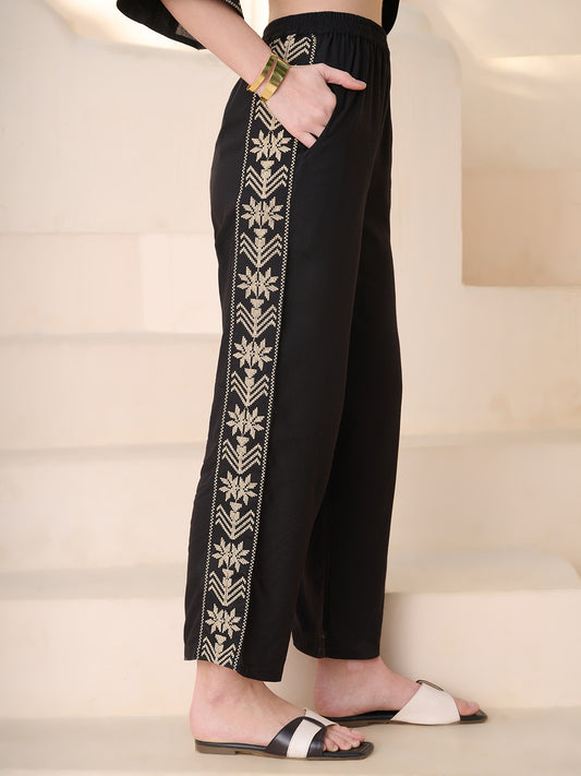 Stylum Women's Black Solid & Embroidered Rayon Co-Ord Set (CSBLACKSOUL)