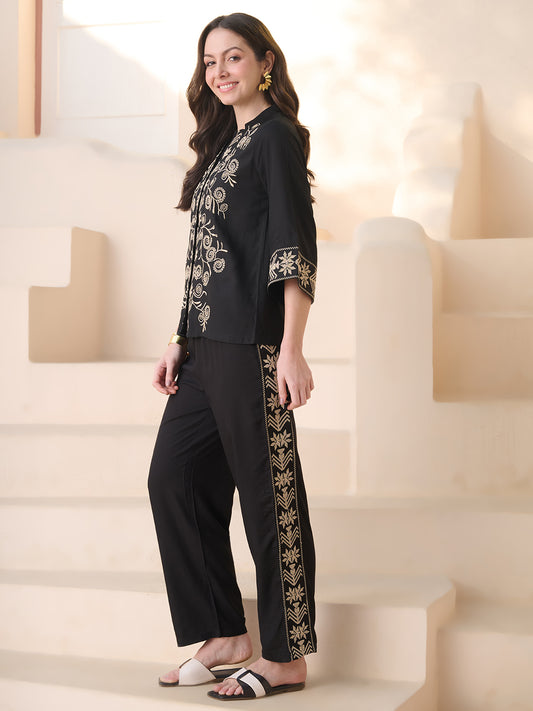 Stylum Women's Black Solid & Embroidered Rayon Co-Ord Set (CSBLACKSOUL)