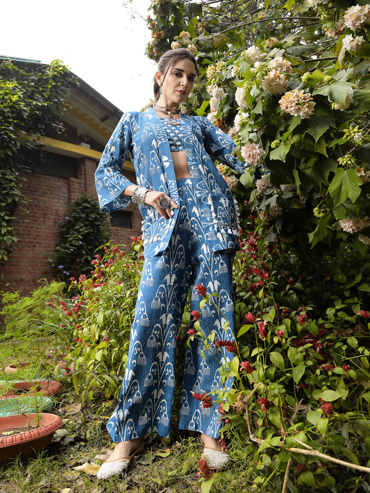 Stylum Women's Blue Ikat Printed Katha Cotton Co-Ord Set (CSBLUEBONG)