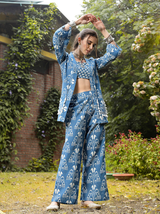 Stylum Women's Blue Ikat Printed Katha Cotton Co-Ord Set (CSBLUEBONG)