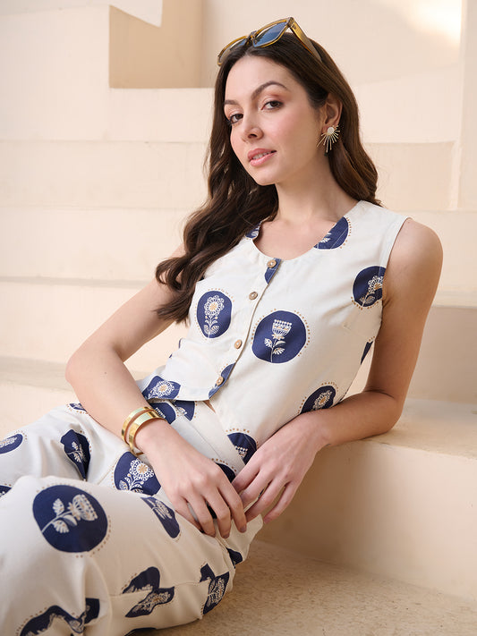 Stylum Women's Blue Cotton Flex Botanical Printed Co-Ord Set (CSBLUERUSSO)
