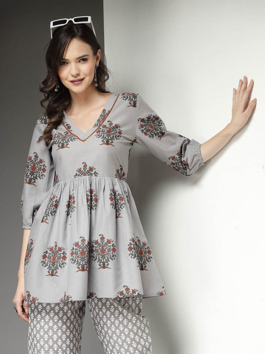 Stylum Women's Floral Printed Cotton Co-Ord Set (CSGREYAVIKA)