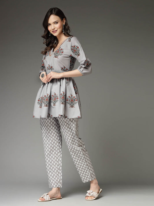 Stylum Women's Floral Printed Cotton Co-Ord Set (CSGREYAVIKA)