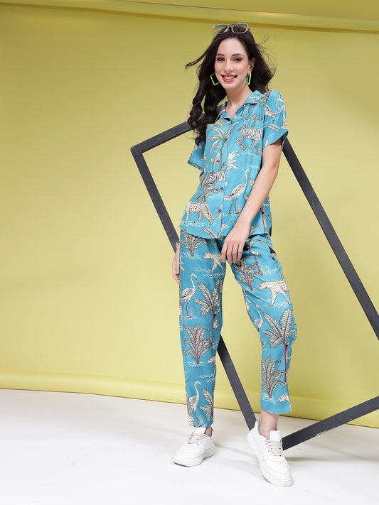 Stylum Women's Tropical Printed Rayon Co-Ords Set (CSLIONTEAL)