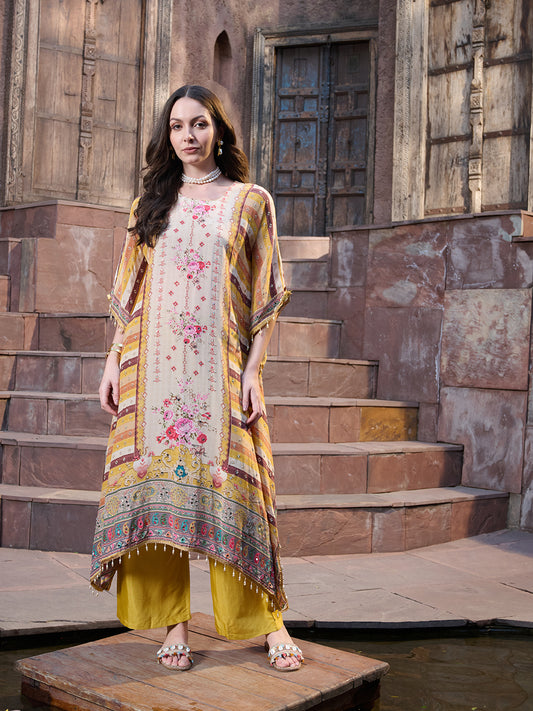 Stylum Women's Mustard Mirror Work Printed Silk Blend Co-ord Set (CSMUSTMARRY)