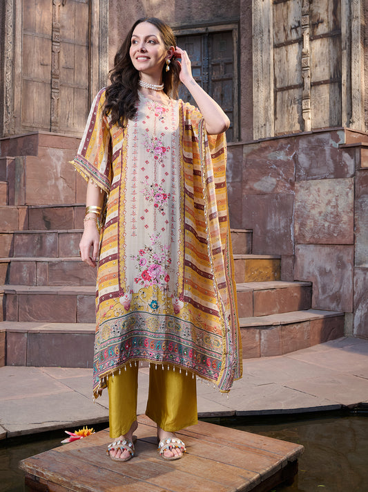 Stylum Women's Mustard Mirror Work Printed Silk Blend Co-ord Set (CSMUSTMARRY)