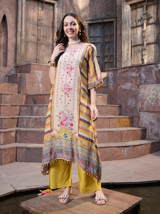 Stylum Women's Mustard Mirror Work Printed Silk Blend Co-ord Set (CSMUSTMARRY)