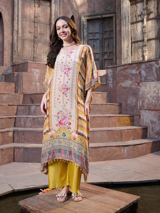 Stylum Women's Mustard Mirror Work Printed Silk Blend Co-ord Set (CSMUSTMARRY)