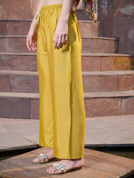 Stylum Women's Mustard Mirror Work Printed Silk Blend Co-ord Set (CSMUSTMARRY)