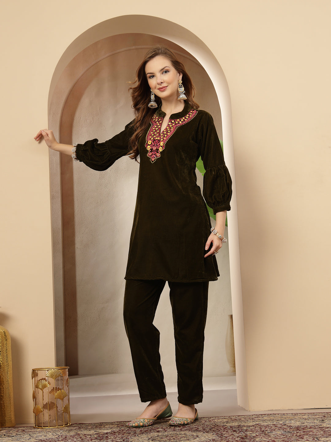 Stylum Women's Olive Solid & Embroidered Velvet Co-Ord Set (CSOLIVEDANDIYA)