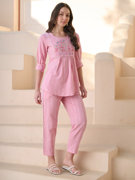 Stylum Womne's Pink Solid & Embroidered Cotton Blend Co-ord Set (CSPINKJOLLY)