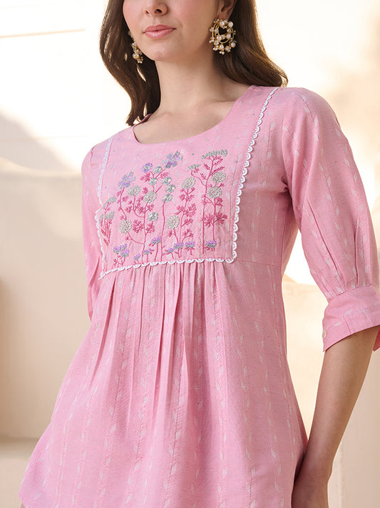 Stylum Womne's Pink Solid & Embroidered Cotton Blend Co-ord Set (CSPINKJOLLY)