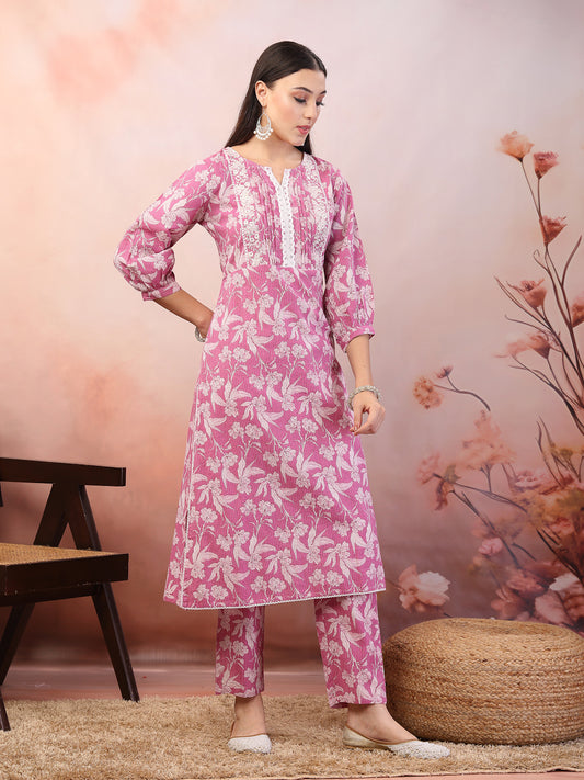 Stylum Women's Purple Floral Printed & Embroidered Katha Cotton Kurta Pant Set (CSPURPLENOISE)