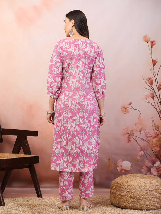 Stylum Women's Purple Floral Printed & Embroidered Katha Cotton Kurta Pant Set (CSPURPLENOISE)