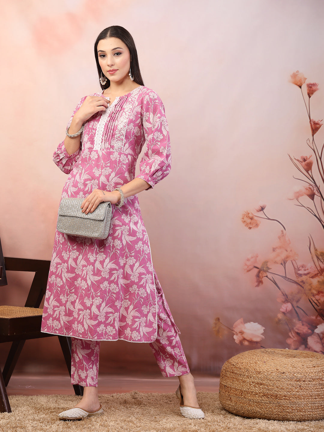 Stylum Women's Purple Floral Printed & Embroidered Katha Cotton Kurta Pant Set (CSPURPLENOISE)