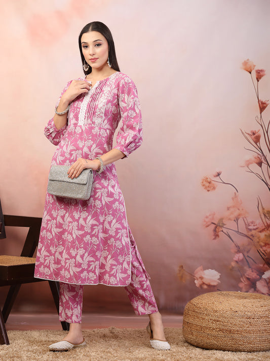Stylum Women's Purple Floral Printed & Embroidered Katha Cotton Kurta Pant Set (CSPURPLENOISE)