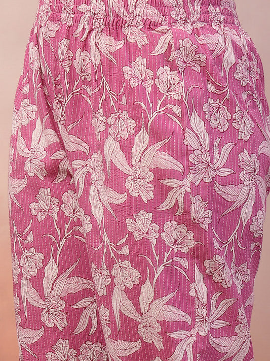 Stylum Women's Purple Floral Printed & Embroidered Katha Cotton Kurta Pant Set (CSPURPLENOISE)