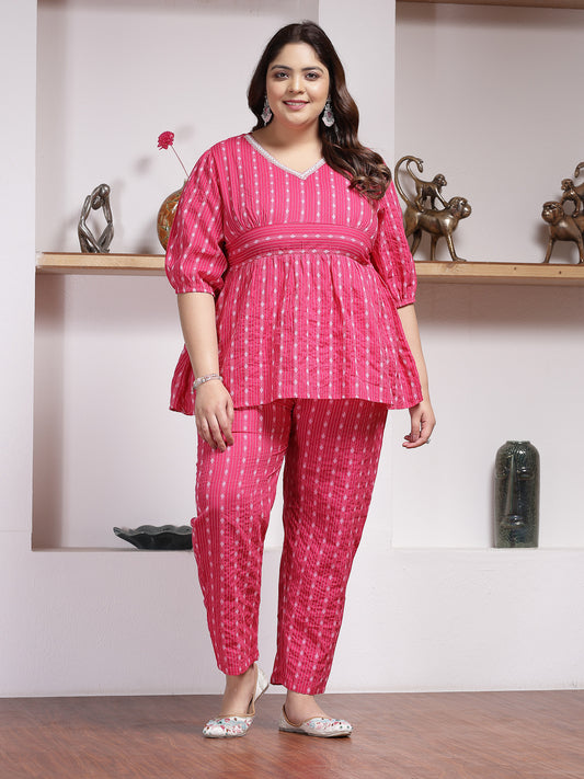 Plus Size Women's Woven Design Cotton Co-Ord Set (CSRAMYAPINKPLUS)