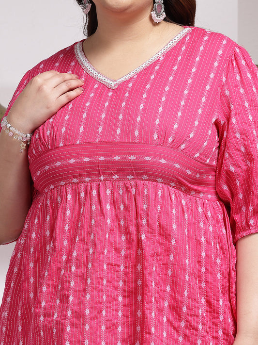 Plus Size Women's Woven Design Cotton Co-Ord Set (CSRAMYAPINKPLUS)