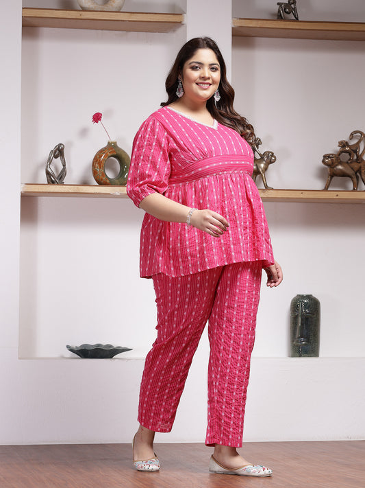 Plus Size Women's Woven Design Cotton Co-Ord Set (CSRAMYAPINKPLUS)