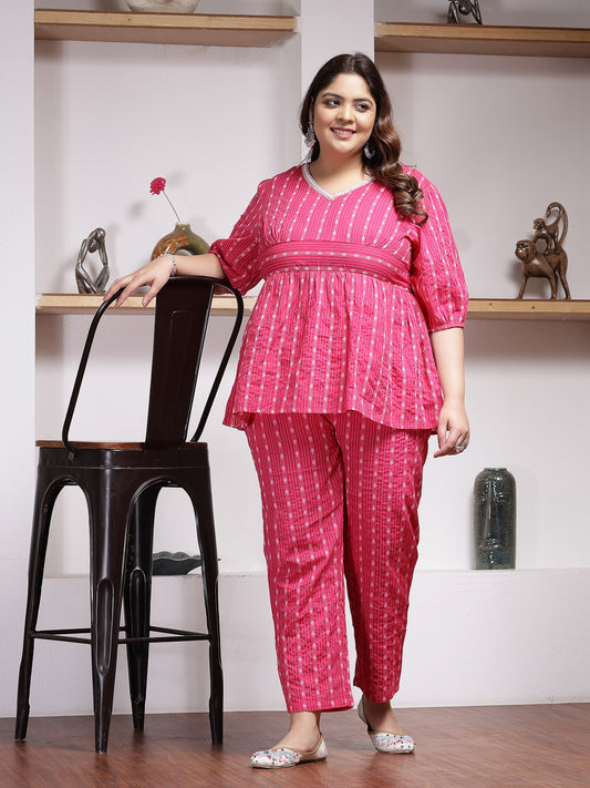Plus Size Women's Woven Design Cotton Co-Ord Set (CSRAMYAPINKPLUS)